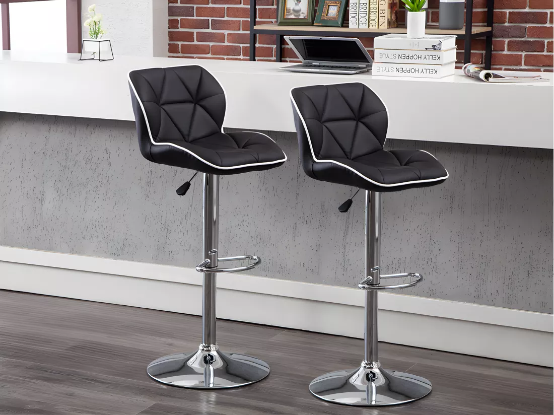 Lot de 2 tabourets de bar en simili et acier - Hauteur réglable - Noir - CALVIN