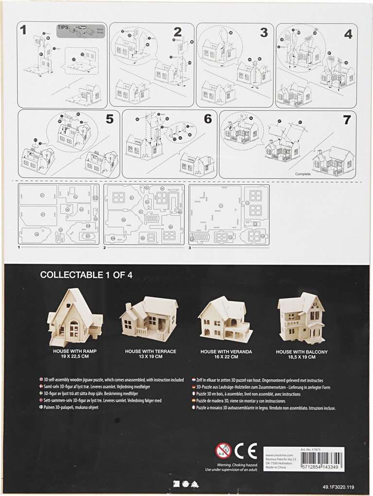 3D Træ Puslespil - Hus Med Terrasse - 19X17,5X15 CM
