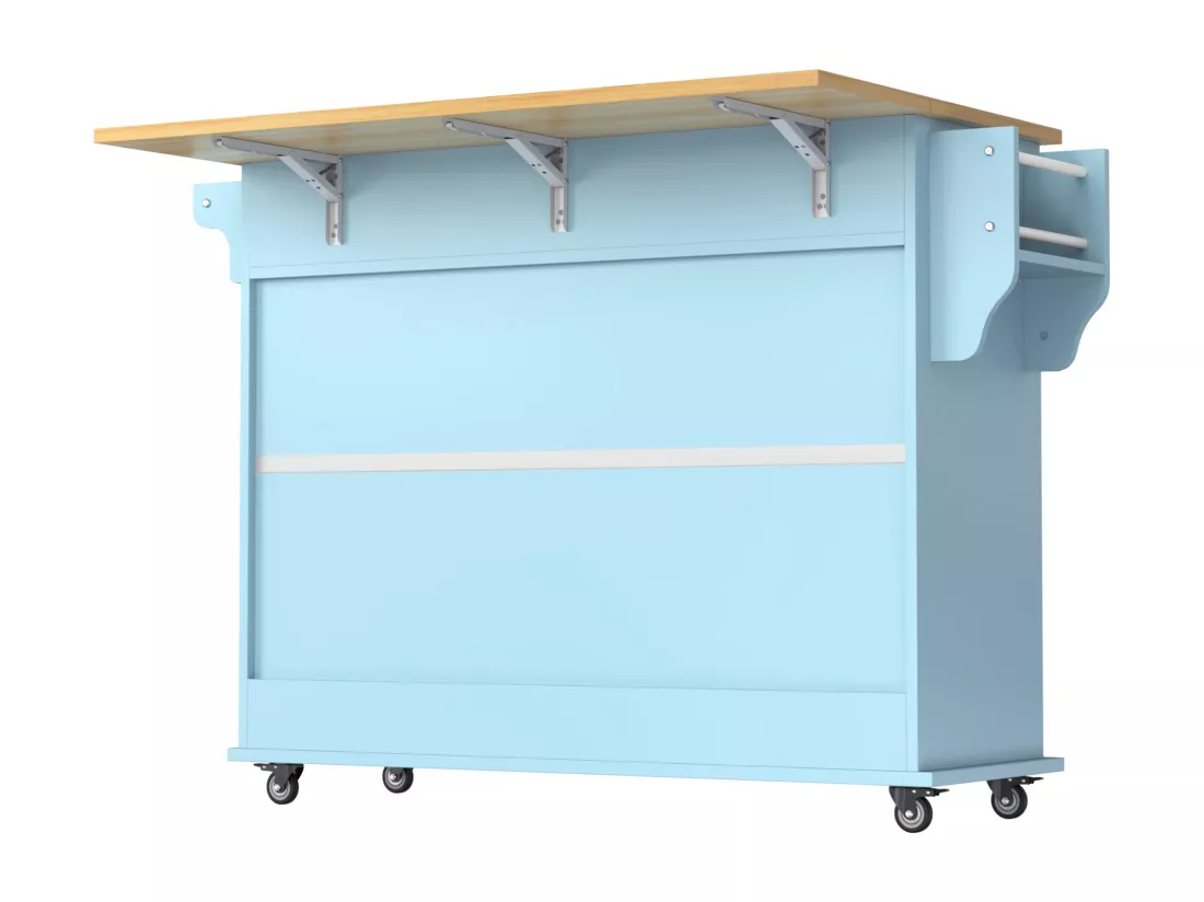 Ilot central de cuisine mobile avec 2 portes coulissantes - plateau extensible - 112x40(70)x94 cm - Bois MDF + métal - Bleu et bois