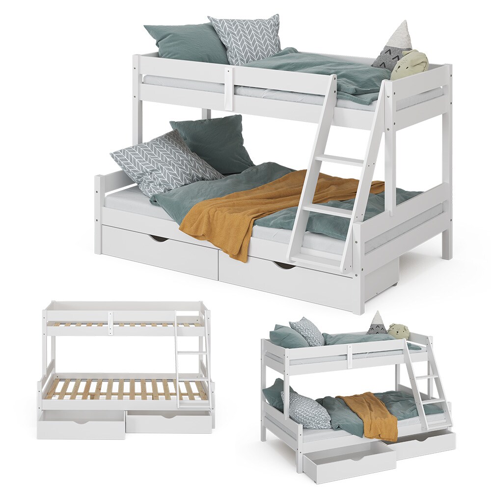 VitaliSpa Hochbett Kinderbett Spielbett Everest Weiß modern 120x200 Massivholz Kinderzimmer Bett Lattenrost Bettleiter Kletterbett Doppelbett Geschwisterbett Bettschublade Rollschublade Matratze