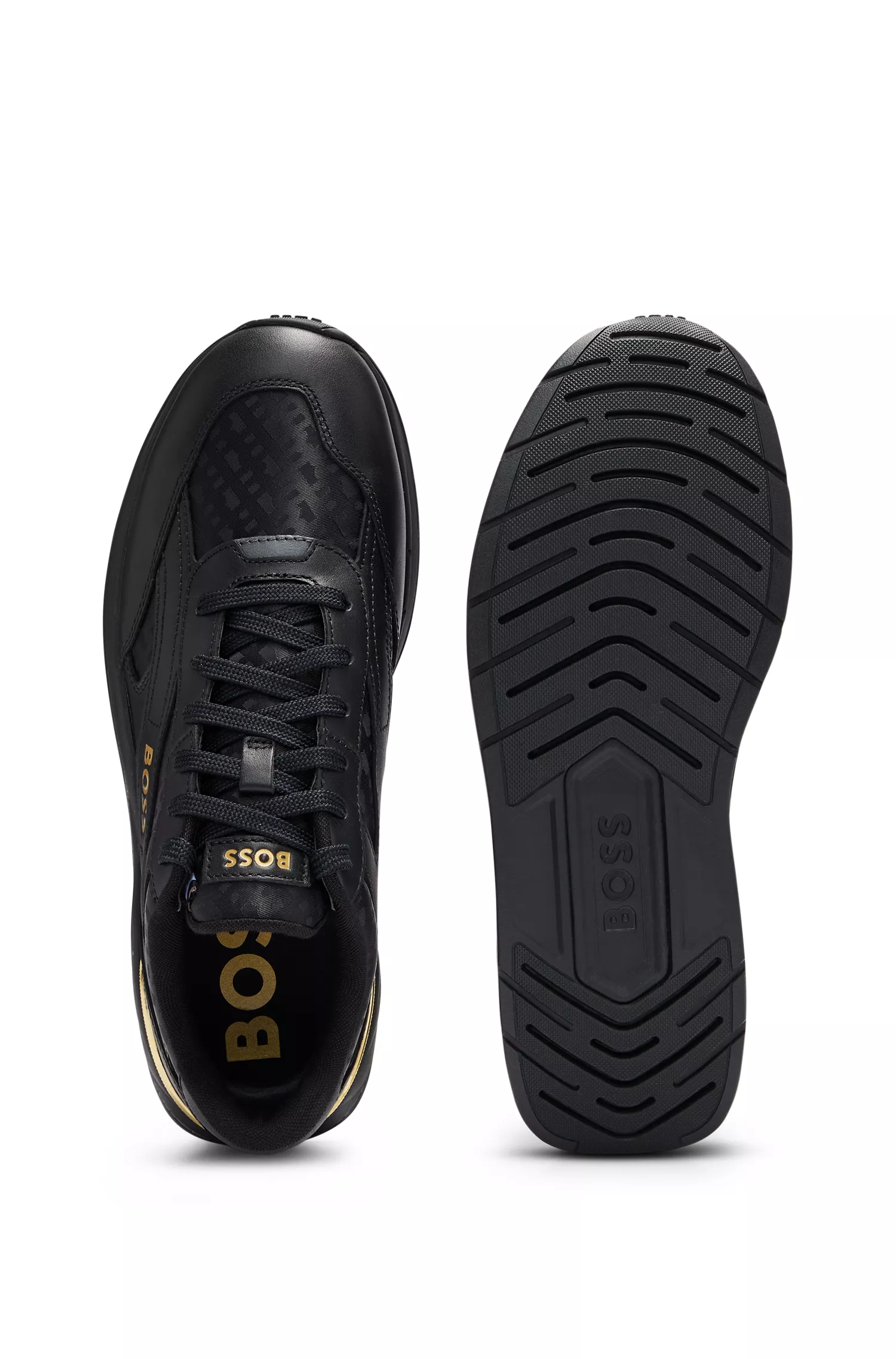 Tênis BOSS pretos em materiais mistos com couro e jacquard com monograma.