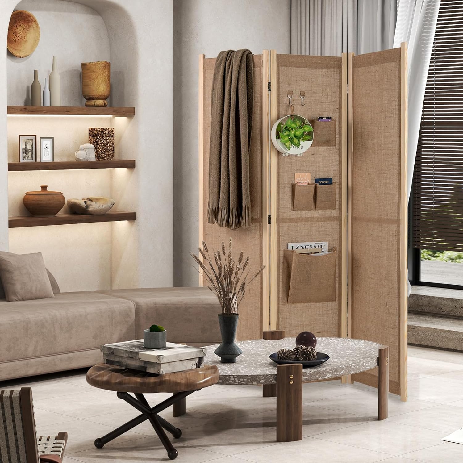GOPLUS Raumteiler Paravent 4-teilig, 121x170 cm Trennwand mit Aufbewahrungstaschen & Haken, Raumtrenner Innen Sichtschutz faltbar für Wohnzimmer, Natur MS4518454