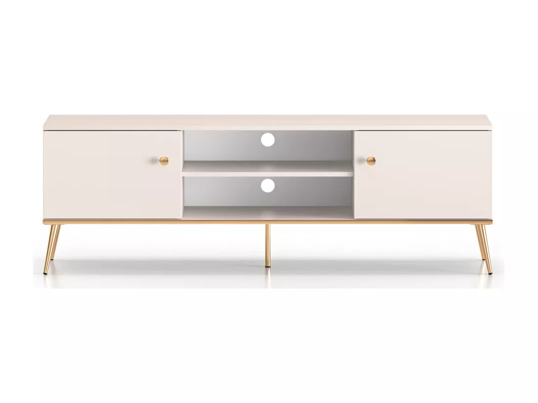 Meuble TV à deux portes - 160 cm - avec pieds dorés - grège - SELGIN