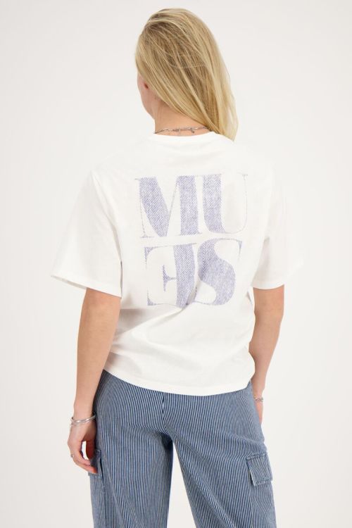 Wit T-shirt met blauwe denim fotoprint Muse
