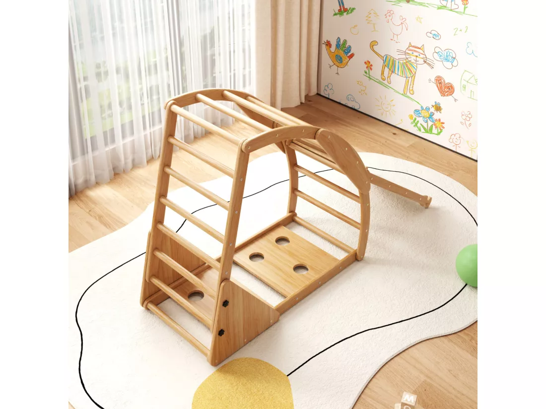 Aire de jeu 8 en 1 pour enfant - avec toboggan, module d'escalade, échelle à barreaux, arche d'escalade, balançoire et tente - bois