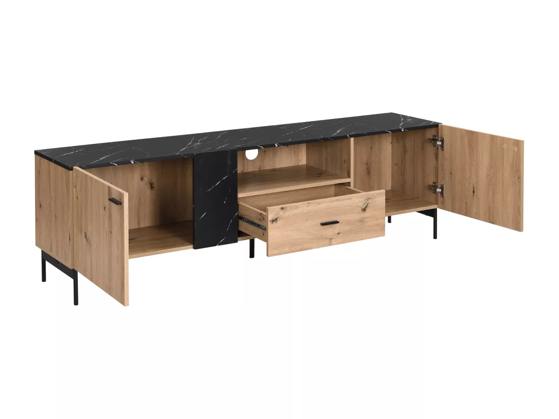 Meuble TV avec 2 portes, 1 tiroir et 1 niche en MDF et métal - Naturel clair et Effet marbre noir - LIOMENA de Pascal Morabito