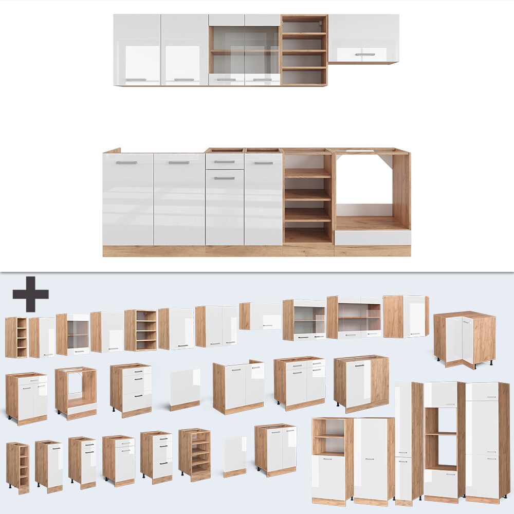 Vicco Küchenzeile Küchenblock Einbauküche R-Line 240 cm Eiche Weiß Hochglanz