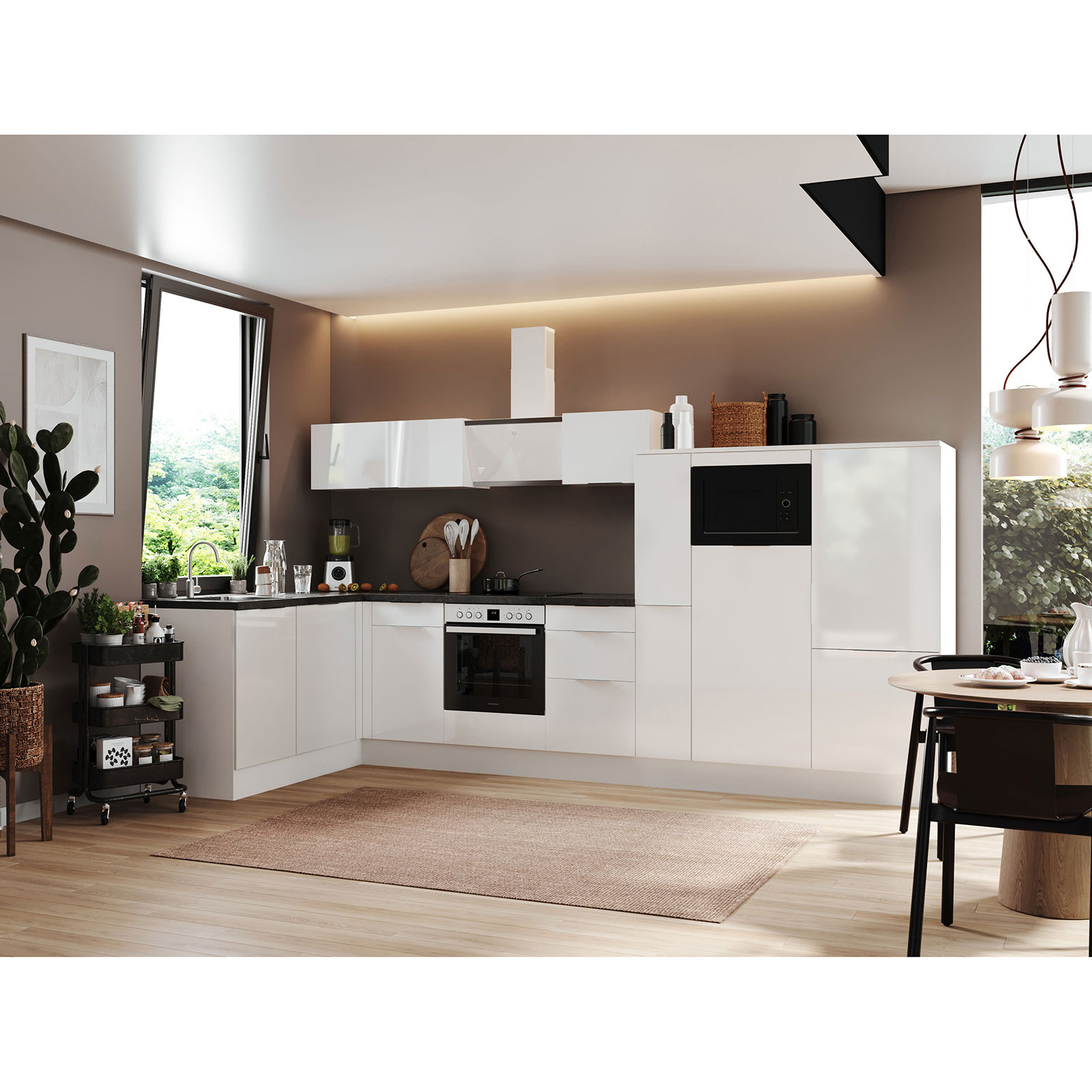 RESPEKTA Winkelküche - weiß Hochglanz - weiß matt - mit E-Geräten - 370x175 cm