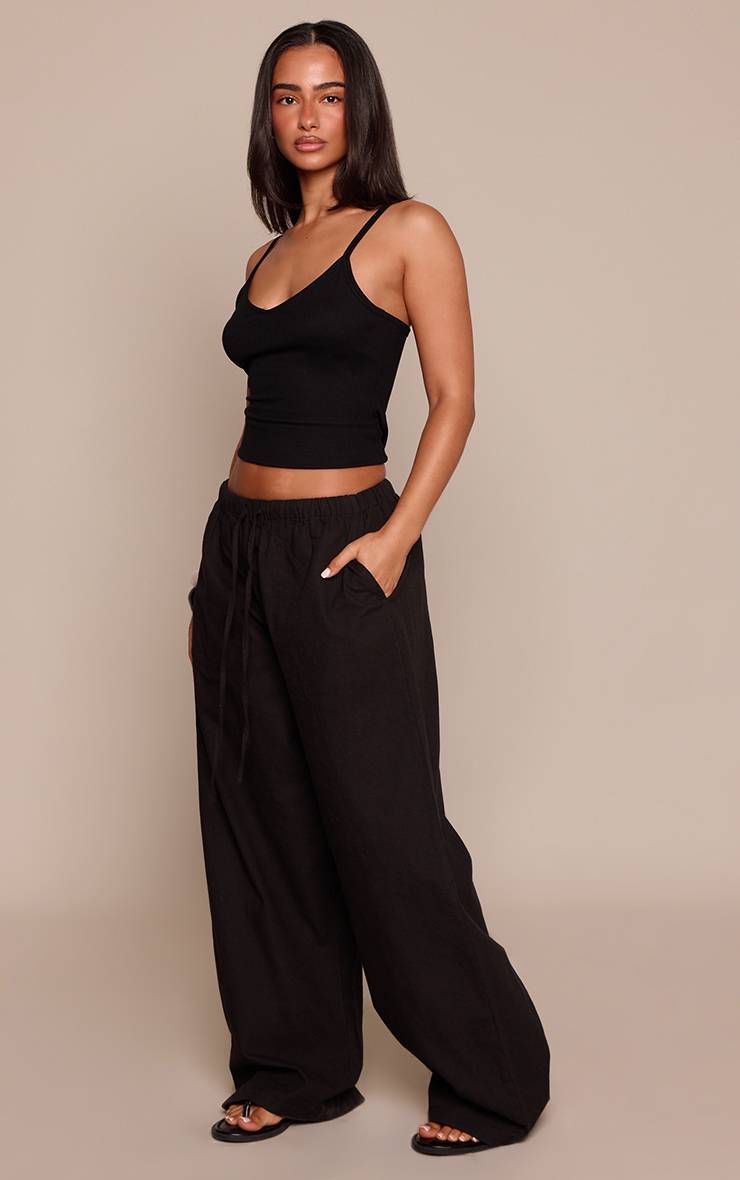 Noir Pantalon Petite En Lin Avec Taille À Cordon Coulissant