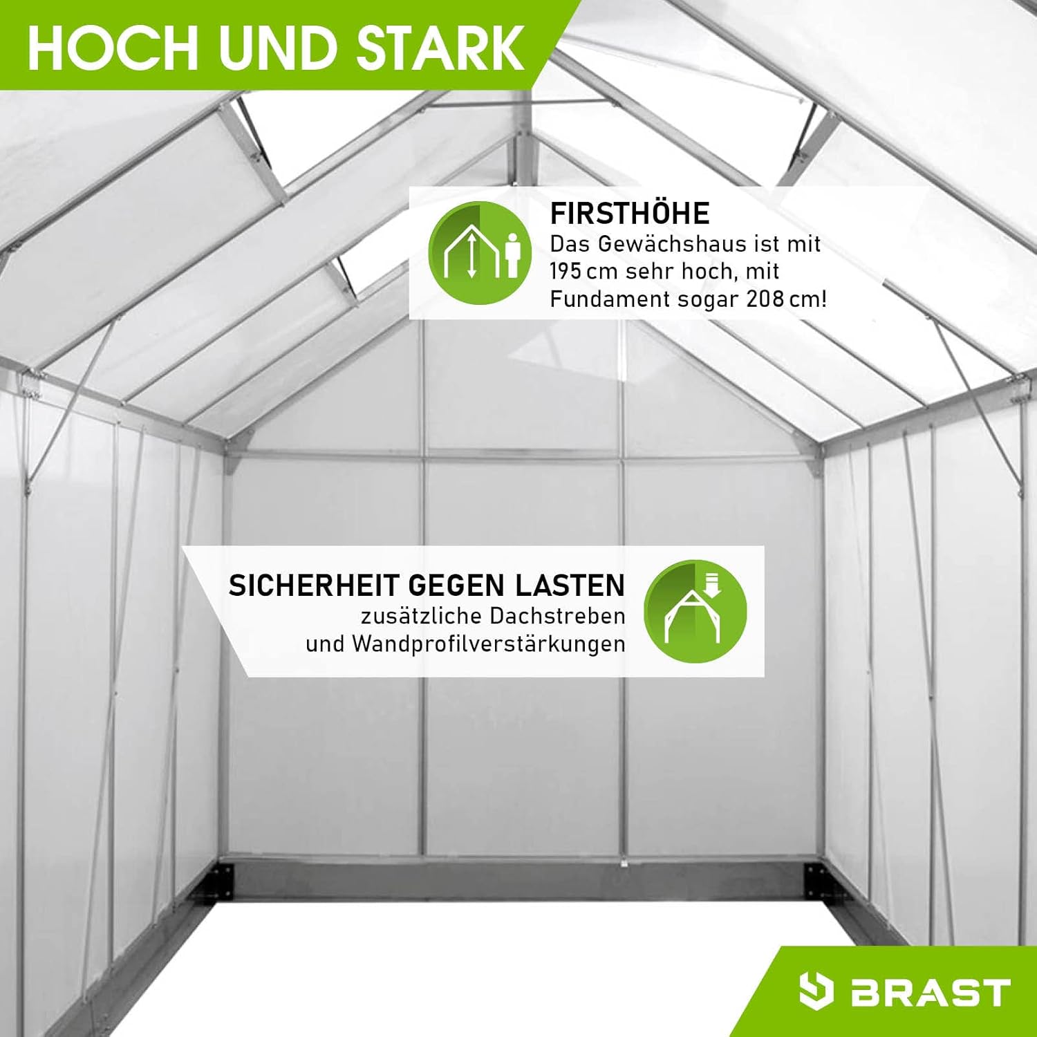 BRAST Gewächshaus Aluminium mit Fundament | 42 Modelle | 130x190x195cm - 490x250x235cm | TÜV geprüft | 6mm Hohlkammerplatten | rostfrei wetterfest temperaturbeständig | 310x190x195cm Silber