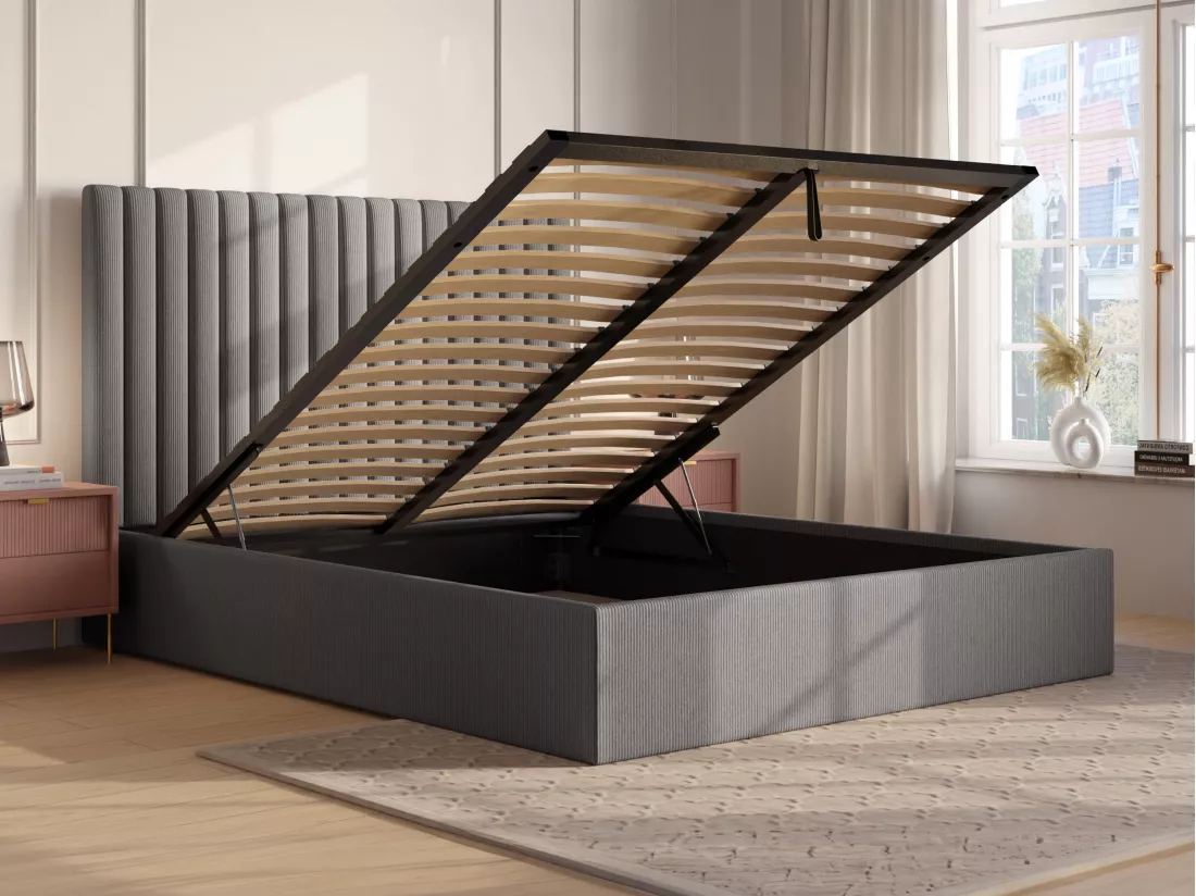 Lit coffre 140 x 190 cm avec tête de lit coutures verticales - Velours côtelé - Gris - SARAH