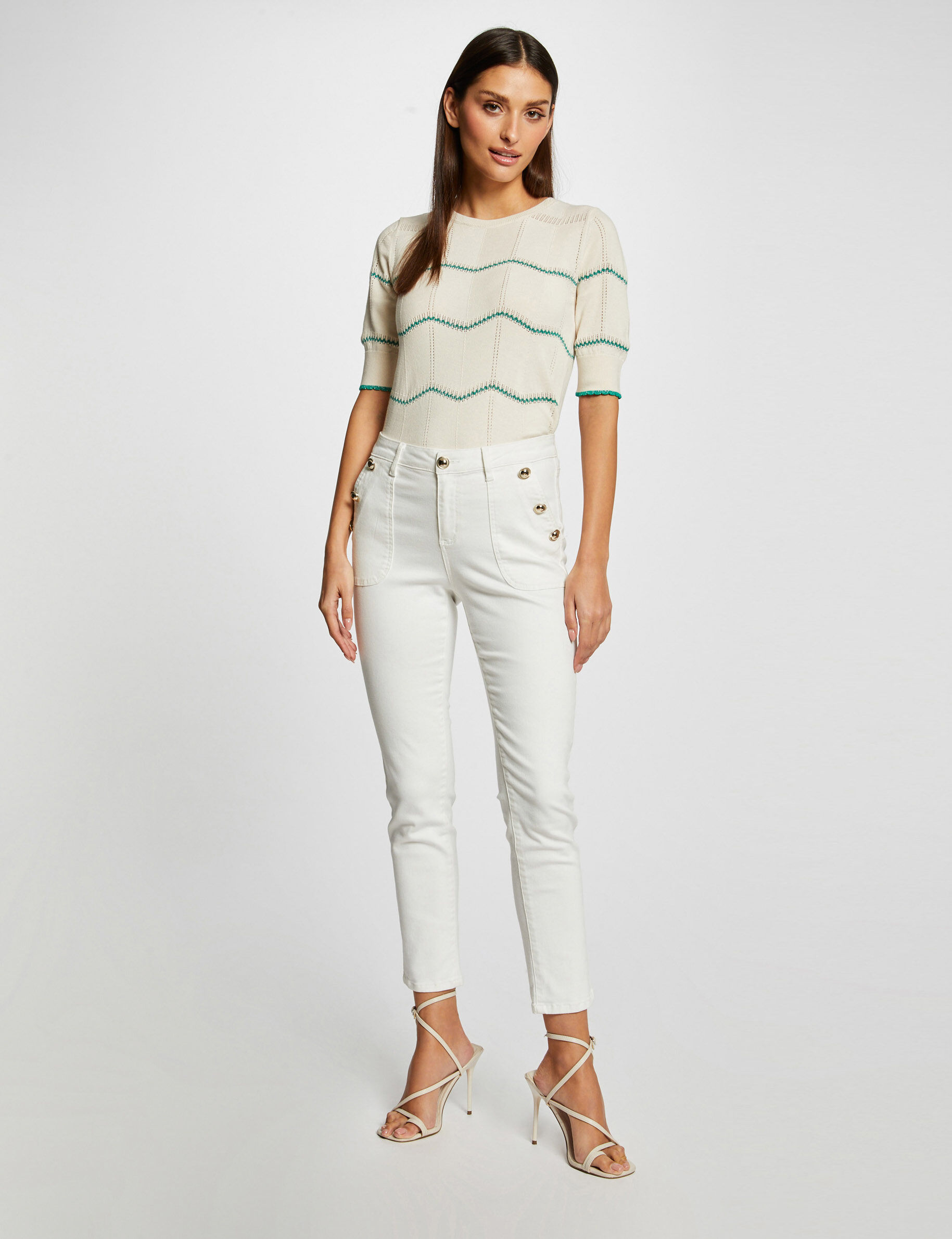 Pull manches courtes à rayures vert moyen femme - vert_moyen