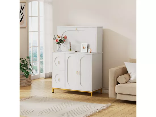 Secrétaire avec 3 porte et 2 tiroirs - MDF et métal - charnières - Blanc - 100x51x150cm
