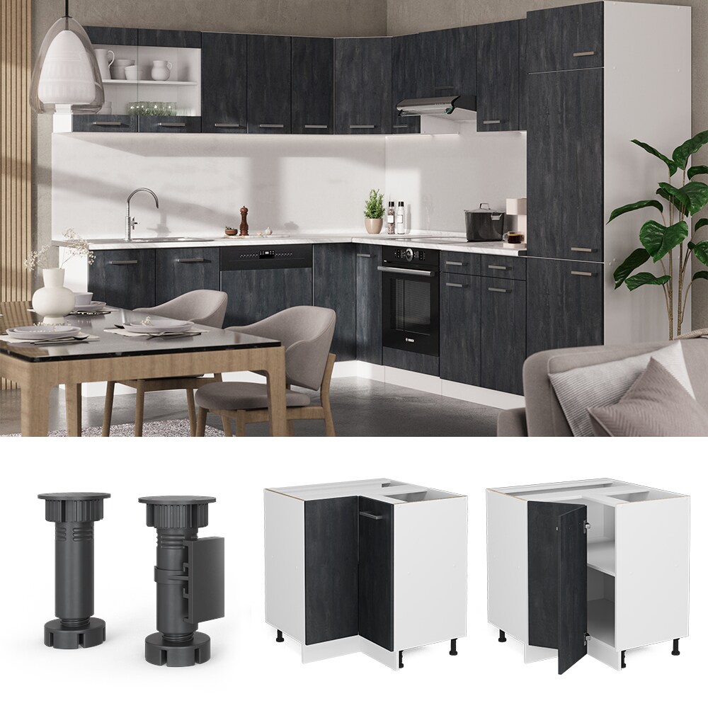 Vicco Eckunterschrank R-Line Schwarz Beton Weiß 87 cm mit Arbeitsplatte Weiß-Marmor