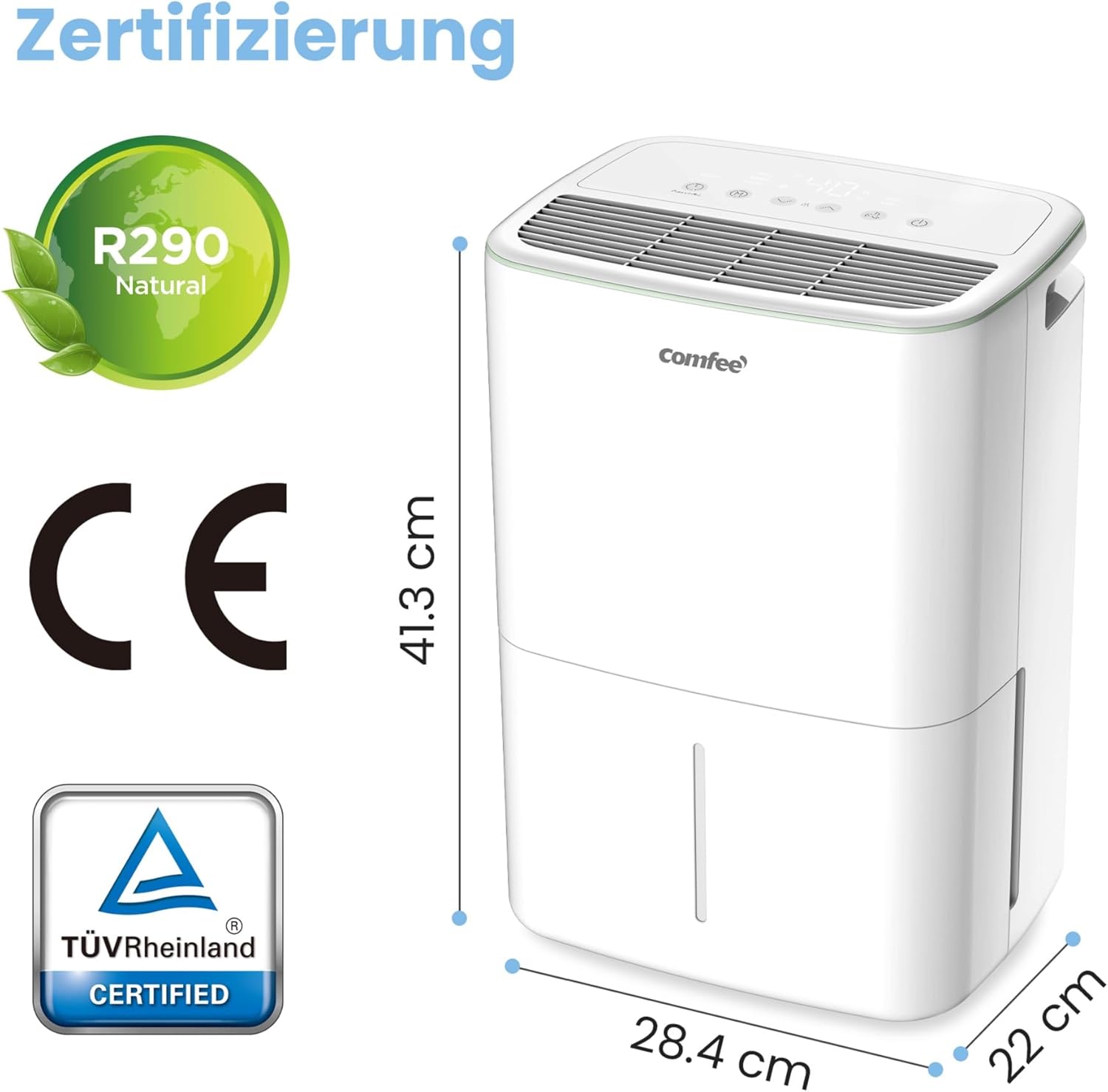 COMFEE Luftentfeuchter 12 Liter/Tag, Geeignet für Räume von ca. 50 Kubikmetern (20 Quadratmetern), Automatische Abtauung, Kindersicherung, Geräuschreduzierung, Kältemittel R290, CDDOE-12DEN7-QA3(EU)