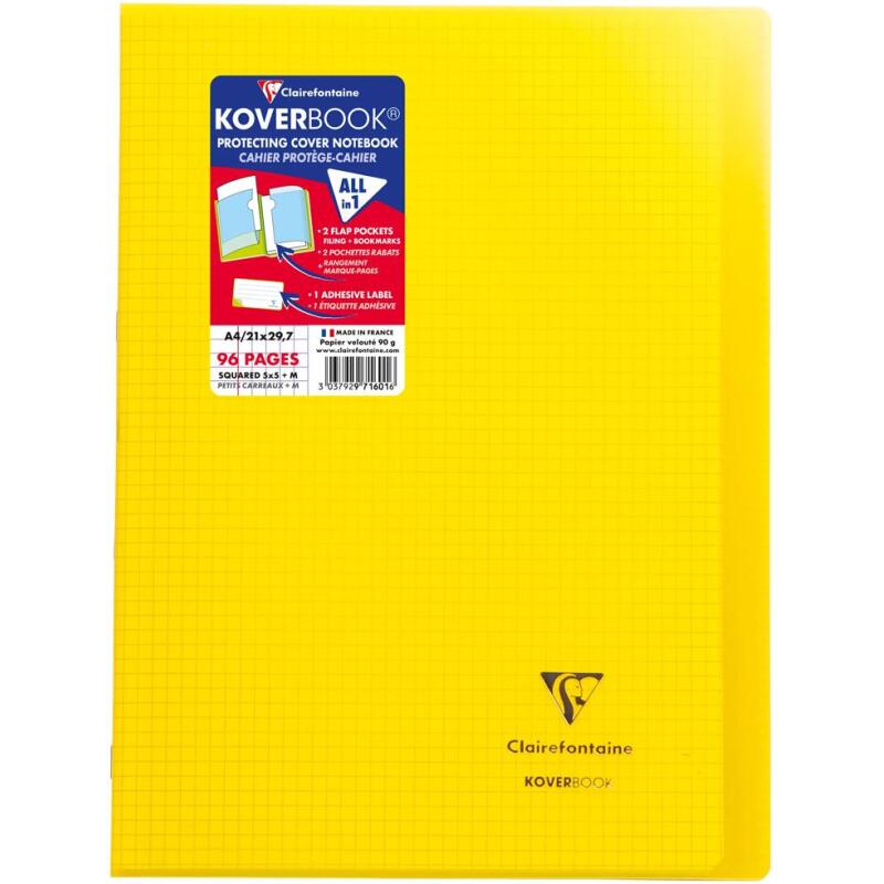 Cahier piqué Koverbook A4 96 pages petits carreaux + marge couverture polypropylène transparent - Assortis