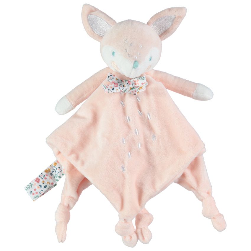 Doudou mouchoir renard en velours - Rose