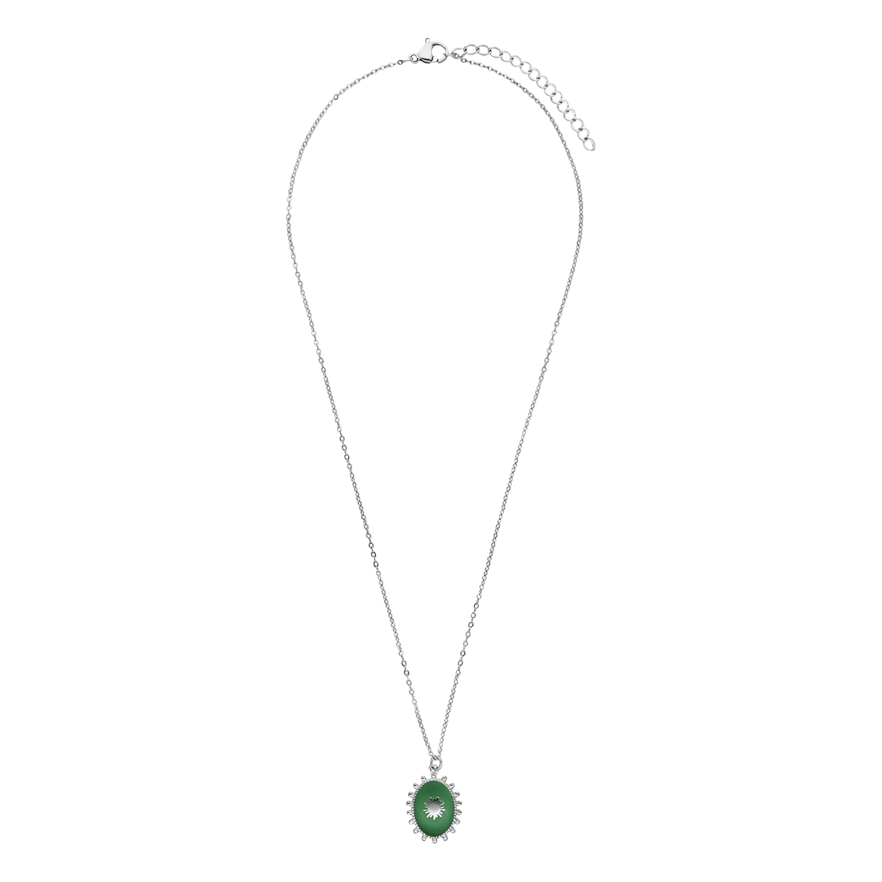 Stalen ketting met groene ovale munt