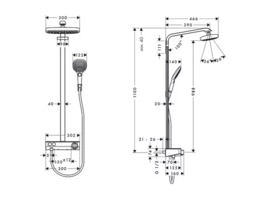 Colonne de douche thermostatique HANSGROHE Raindance Select E 300 EcoSmart avec mitigeur 30 cm chromé + tablette AddStoris