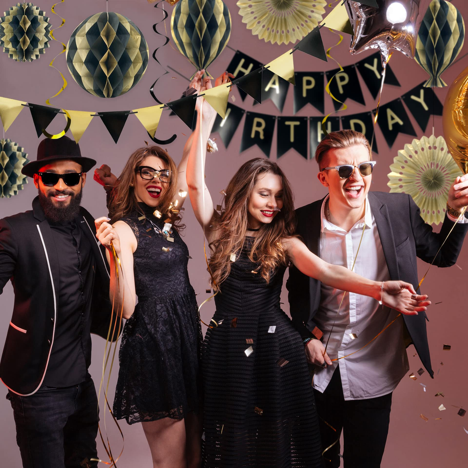 (18-tlg. Set) Happy Birthday Girlande Geburtstags Party Deko   Fächer / Wabenkugeln / Spiral Girlande - Gold / Schwarz