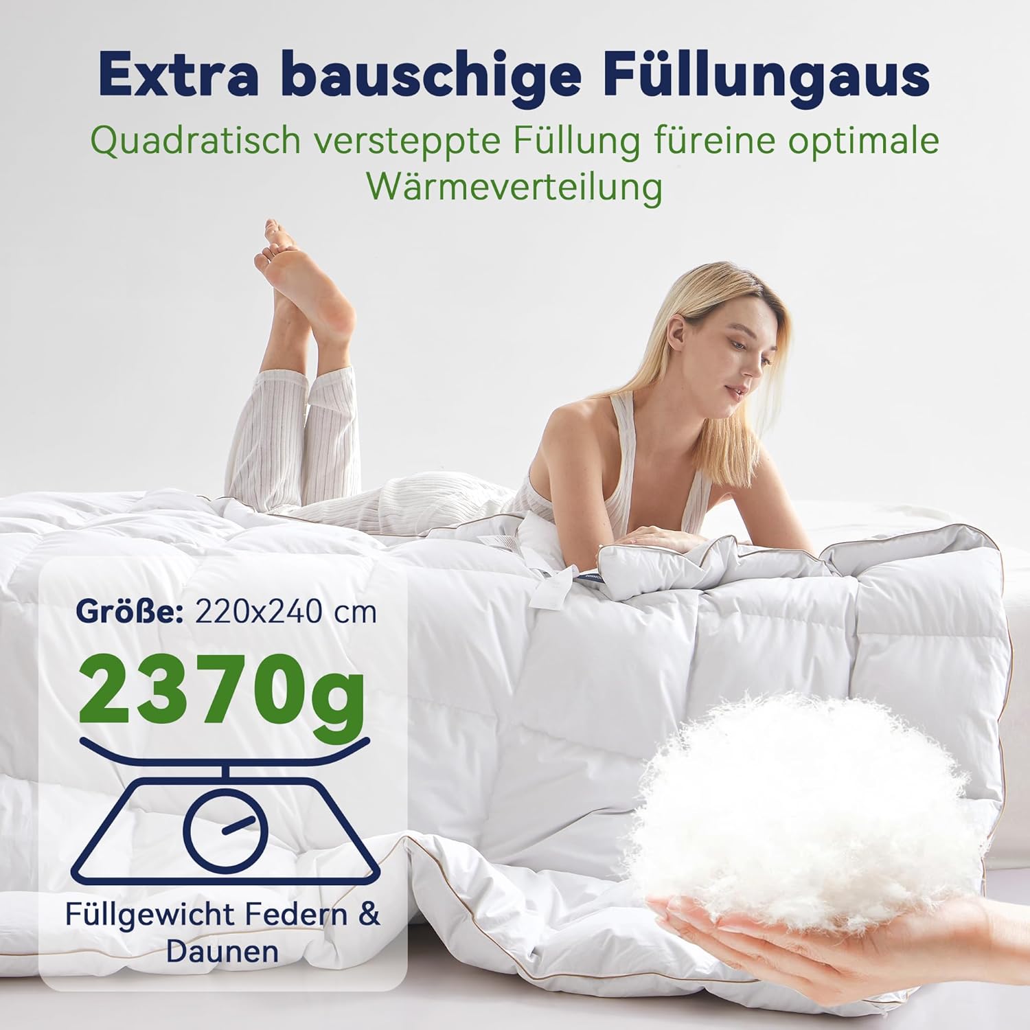 Komfort Bettdecke 220x240 | 100% Weiche Federn & Daunen | Oeko-Tex, RDS Zertifiziert für Tierwohl | Ganzjahres Federbett Daunendecke 240x220cm Bezug aus 100% Baumwolle