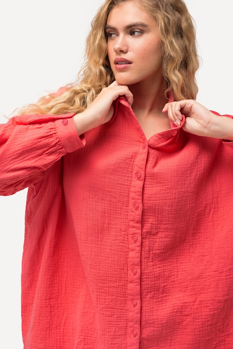 Musselin-Hemdbluse, Oversized, Hemdkragen, Langarm