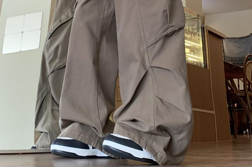 Jazzjo - Effen cargojeans met wijde pijpen en hoge taille
