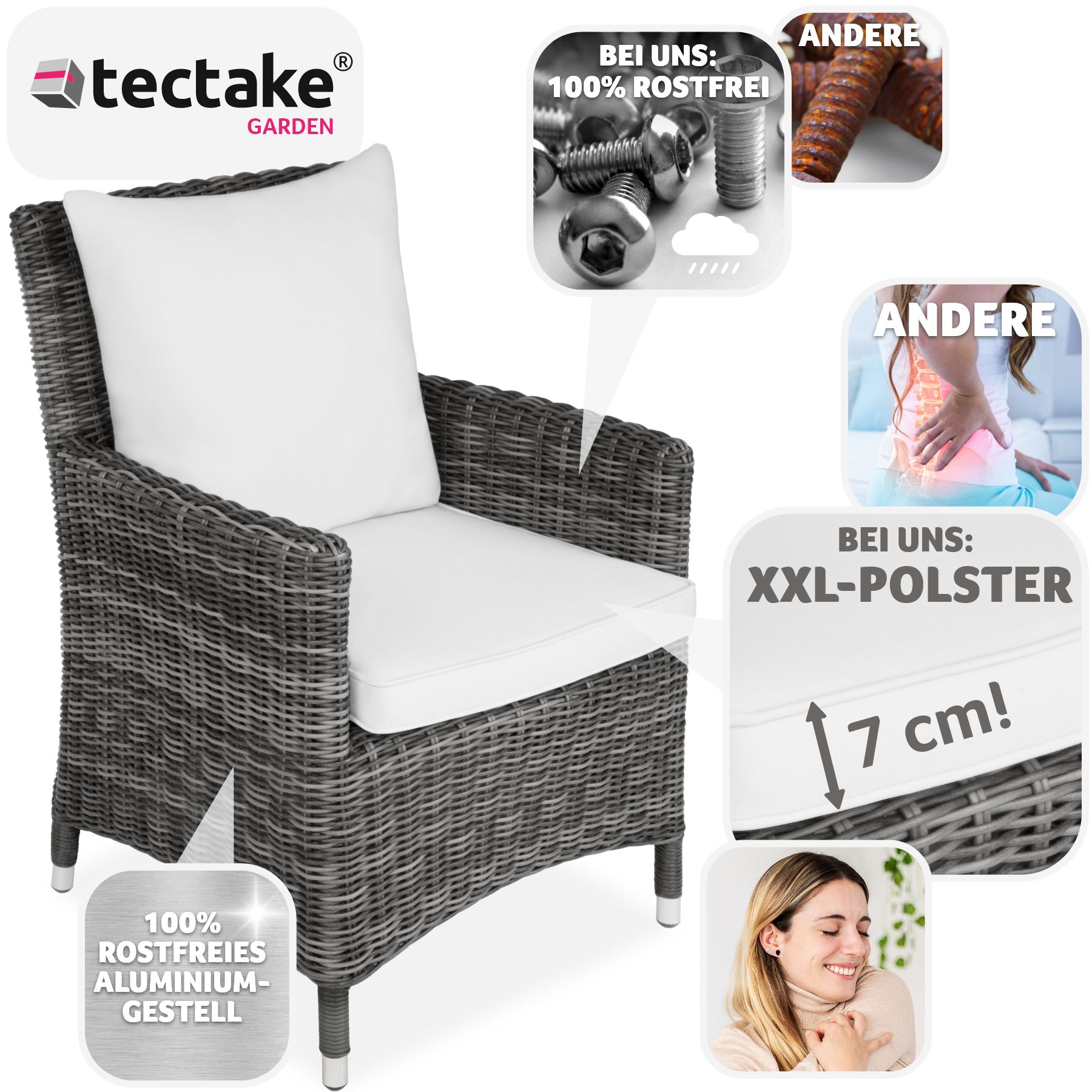 tectake® Rattanstuhl, mit Aluminiumgestell, natürlich nachempfundenes Geflecht, 62 x 66 x 88 cm