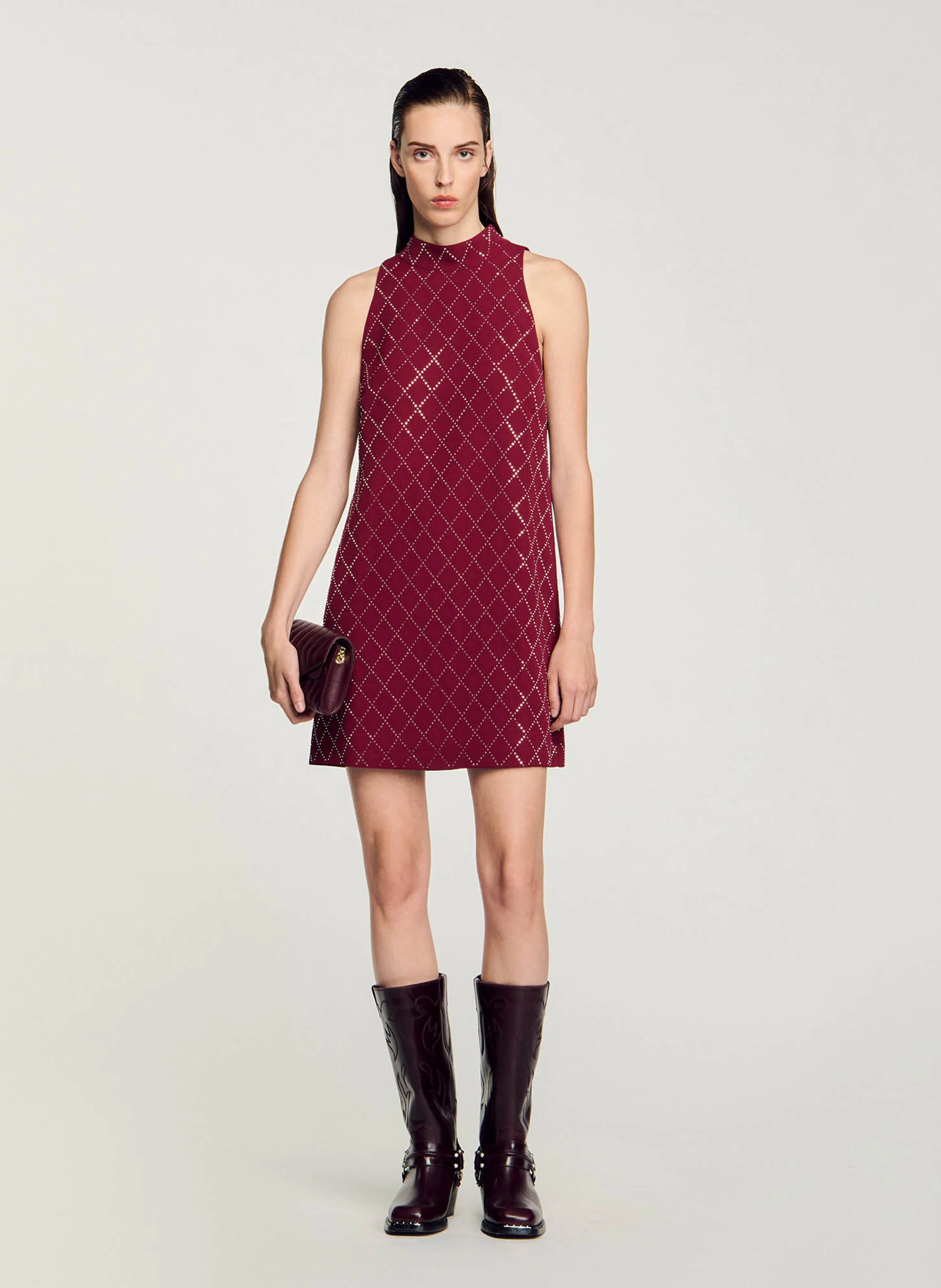 Robe courte col montant à strass | Rouge