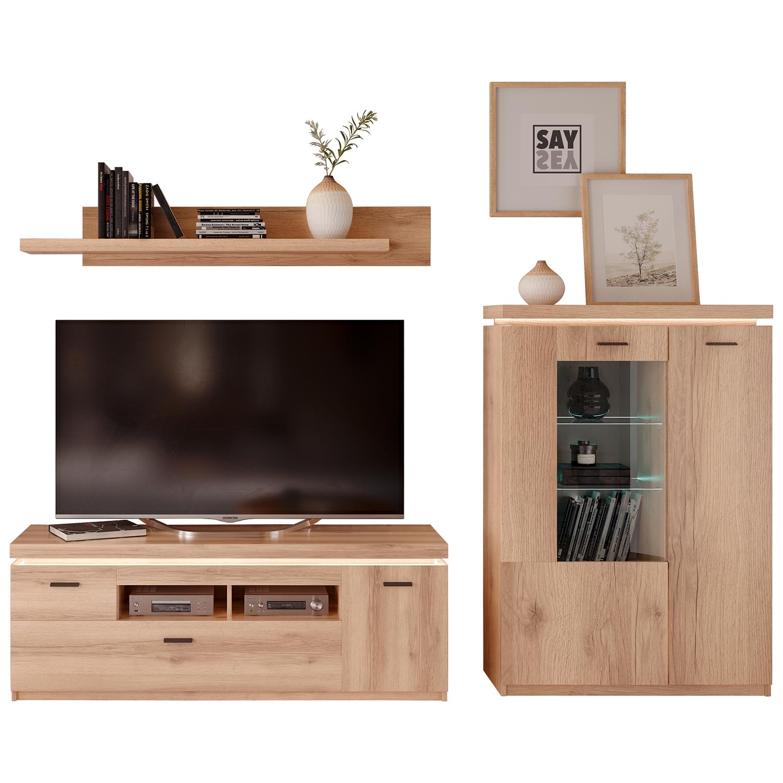 3-teiliges Wohnwand-Set - Viking Oak - mit LED-Beleuchtung