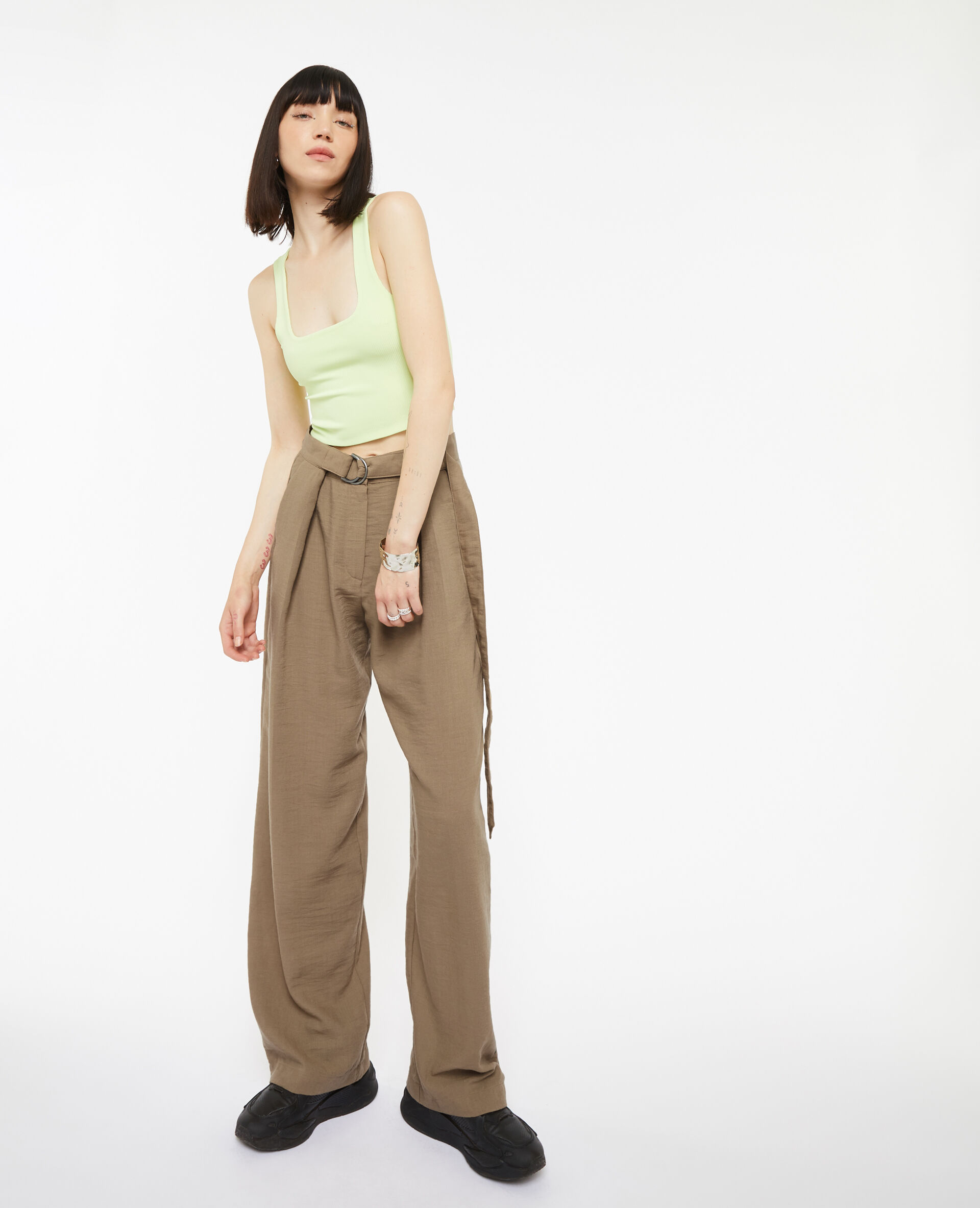 Pantalon large et droit effet lin - Camel