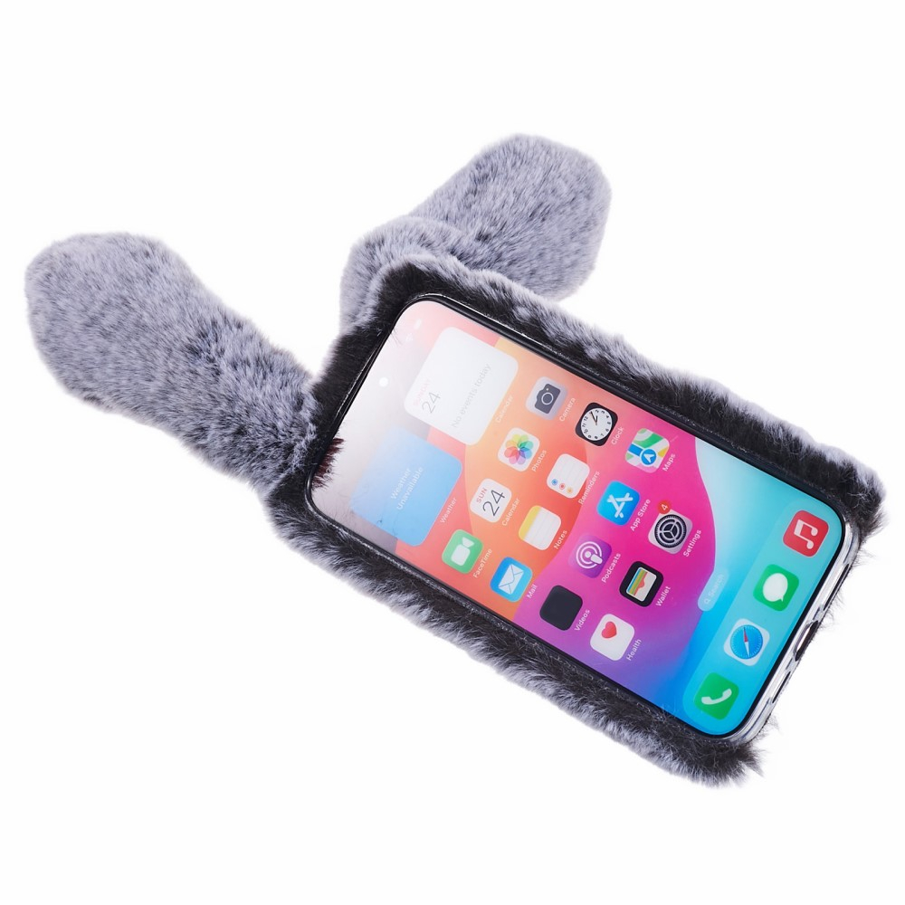iPhone 15 Pro 3D Gummi Plüsch Case Hülle Bunny mit Flauschigen Hasenohren - Grau