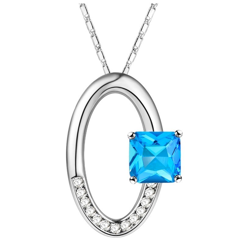 Collier goutte ovale et carré oxyde de zirconium bleu turquoise argenté