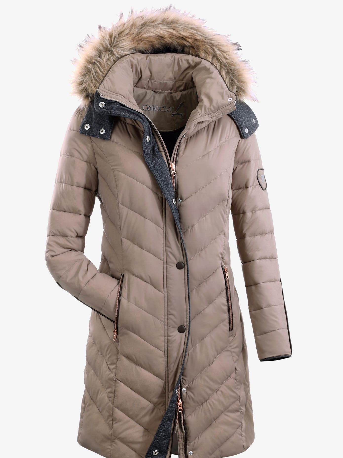 Manteau ultra chaud matelassé coupe cintrée col montant capuche amovible imitation fourrure