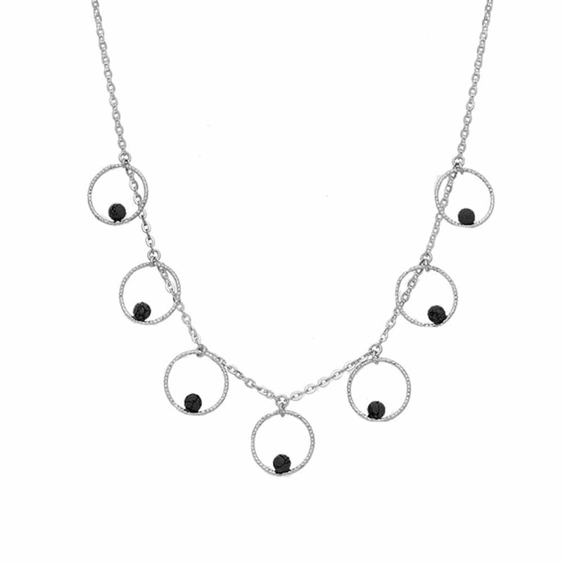 Collier Argent Rhodié Bulles Et Pierre Spinelle Noire
