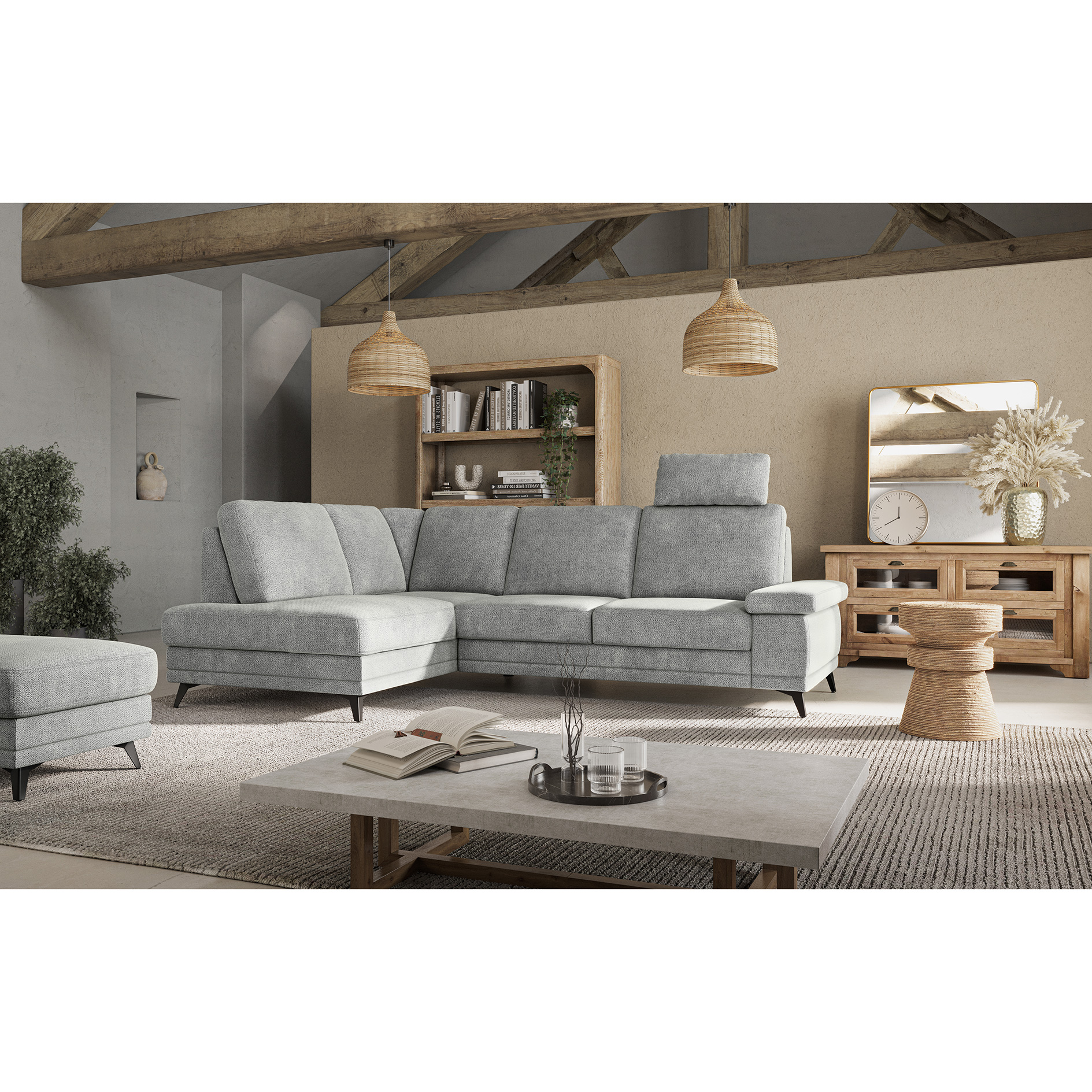 Ecksofa - platin - Liegefunktion und Bettkasten - Ottomane links