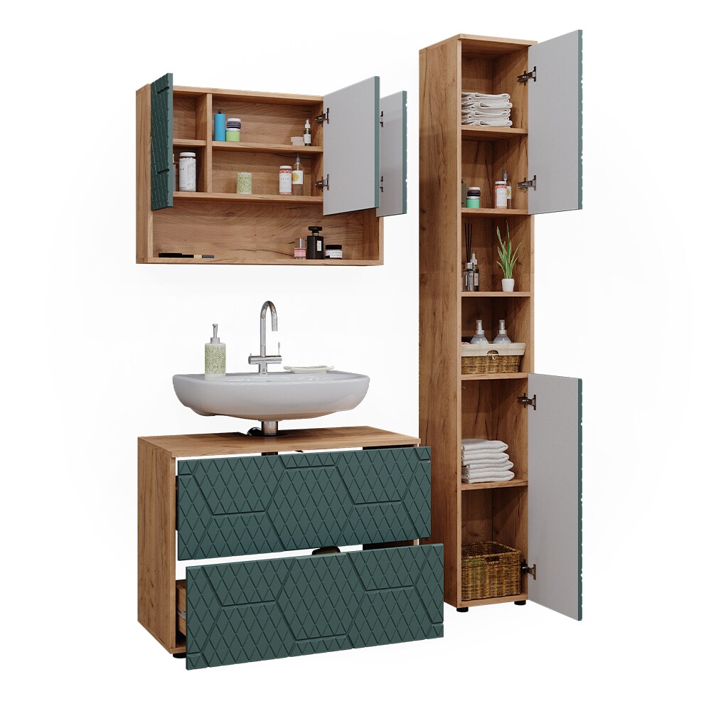 Vicco Badmöbel-Set Irma Eiche Grün 3-teilig Hochschrank Waschbeckenschrank 80 cm