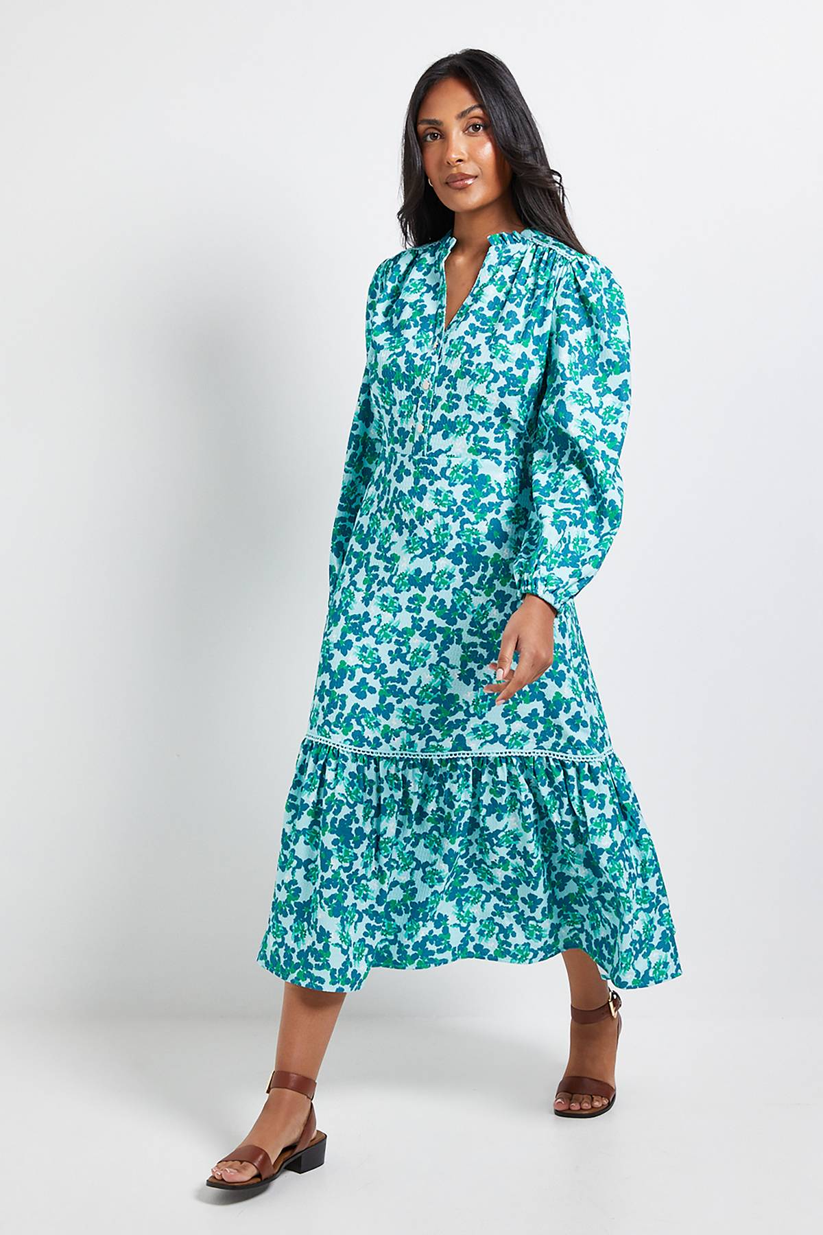 Wallis Robe Midi Boutonnée à Motifs Floraux en Gaufre Petite