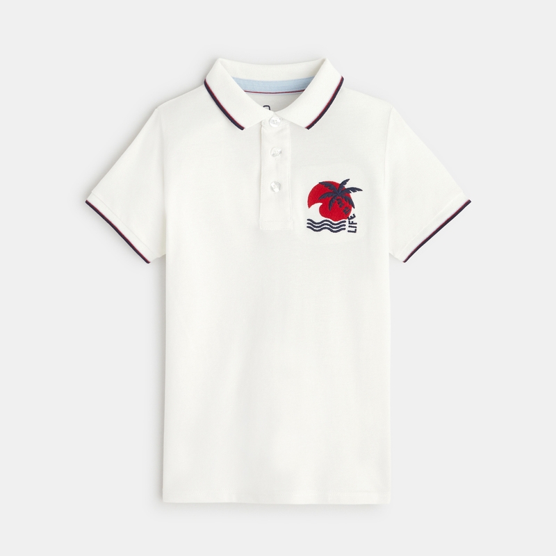Polo en jersey piqué motif palmier blanc garçon