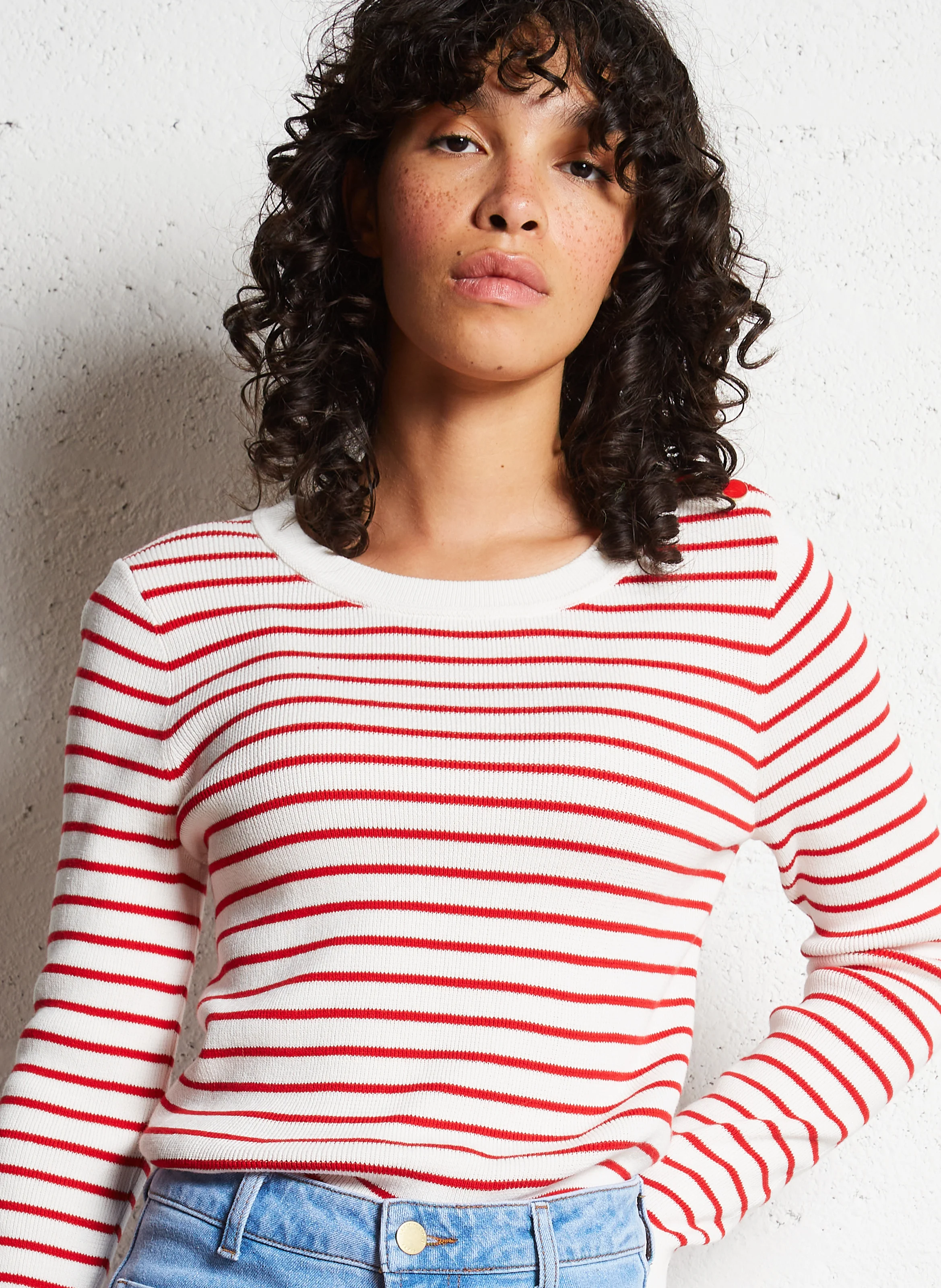 MOLLY - Pull col rond droit en coton rayé | Rose