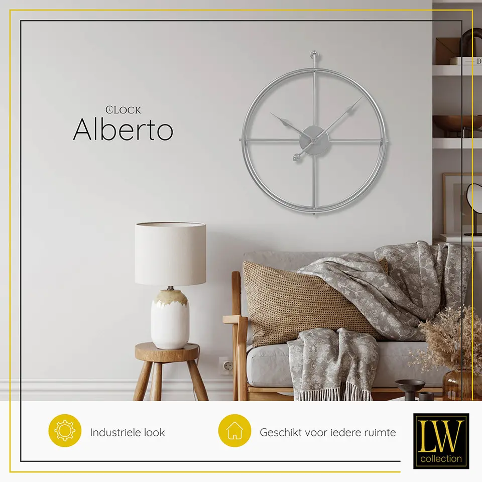 LW Collection Wandklok Alberto zilver 62cm