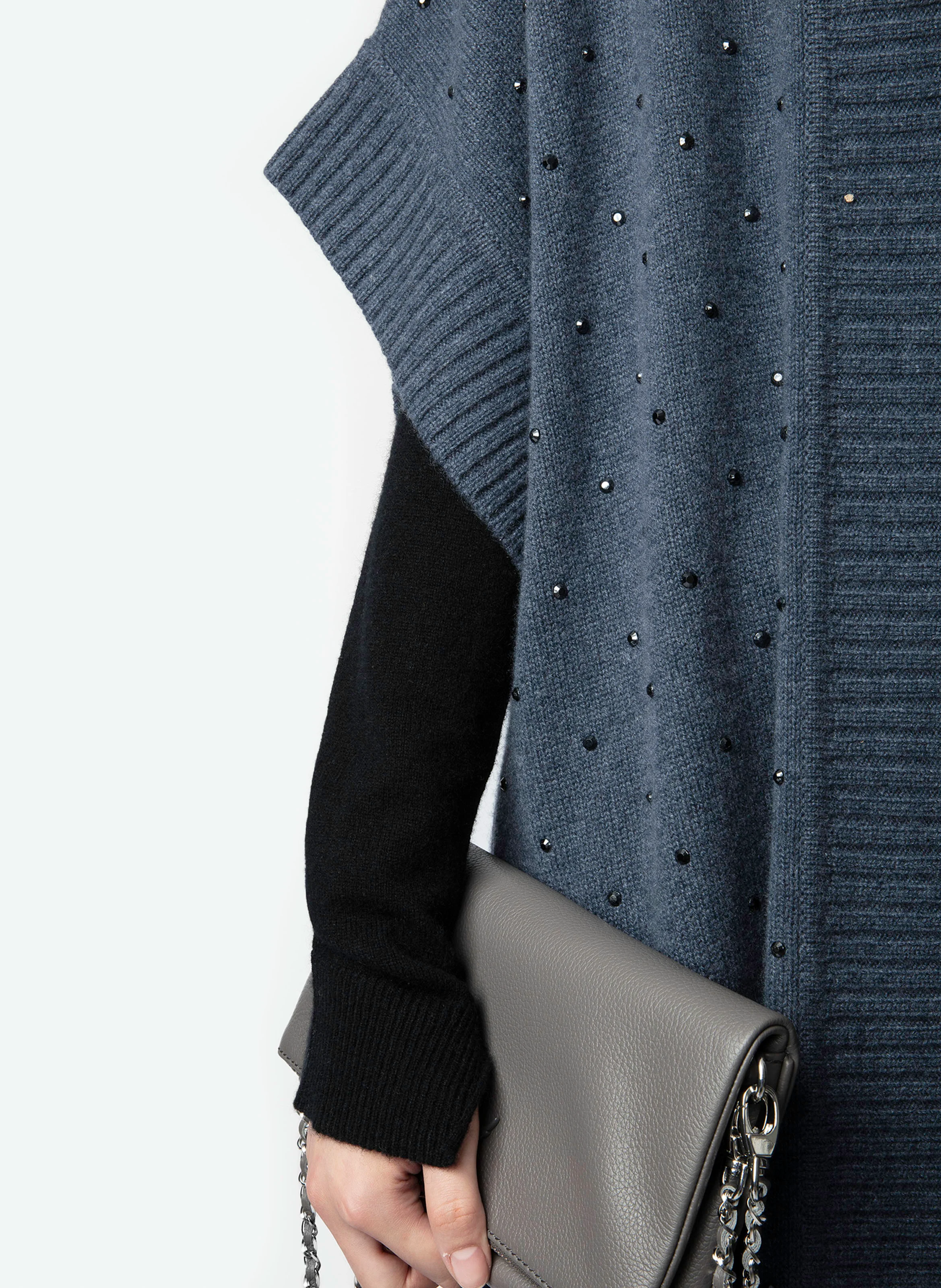 INDIANY - Gilet mi-long à strass en cachemire| Bleu