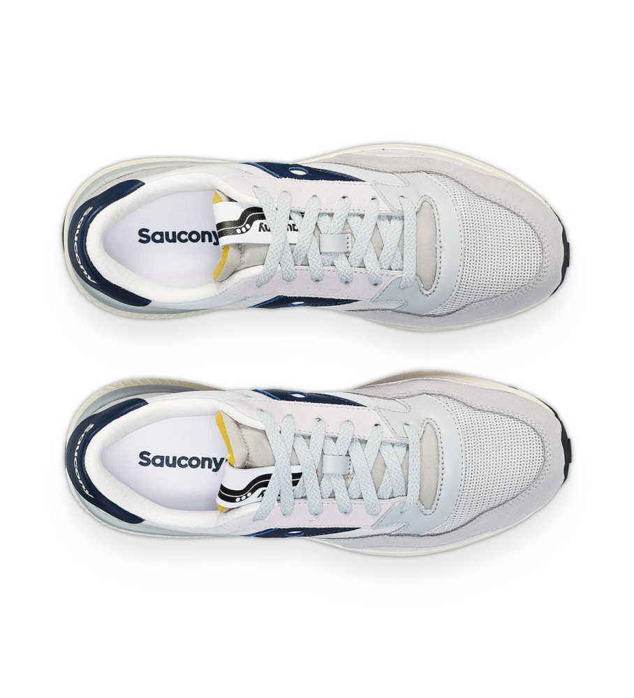 Tênis Saucony Jazz Nxt de couro, branco e azul marinho.