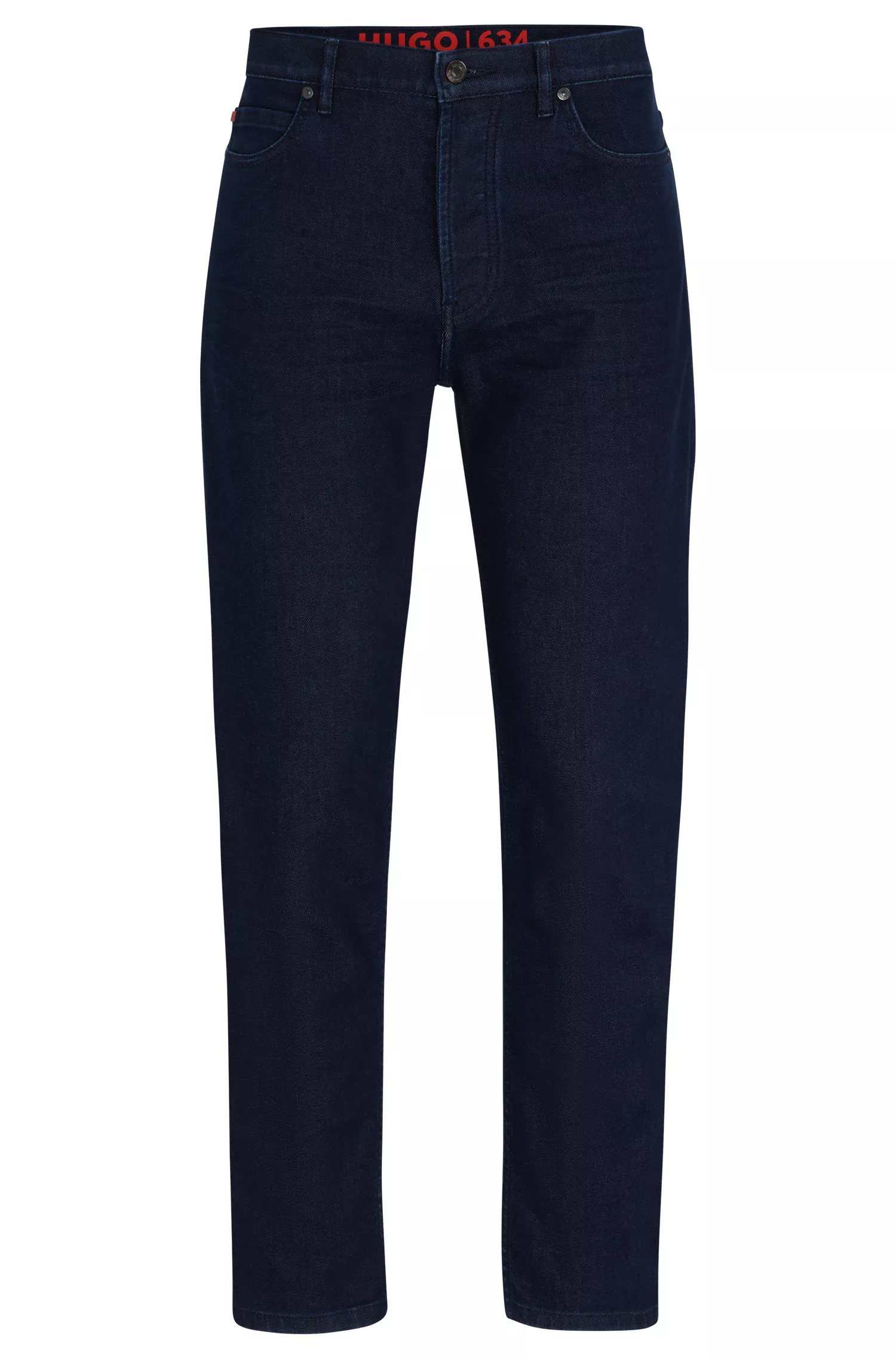 Calça jeans HUGO vermelha, corte afunilado, em denim azul-escuro com elasticidade confortável.