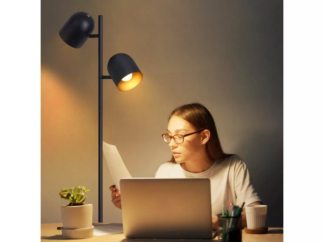 NETTLIFE Lampadaire 2 Ampoules Noir Doré Métal E14 Rétro Industriel Lampadaire