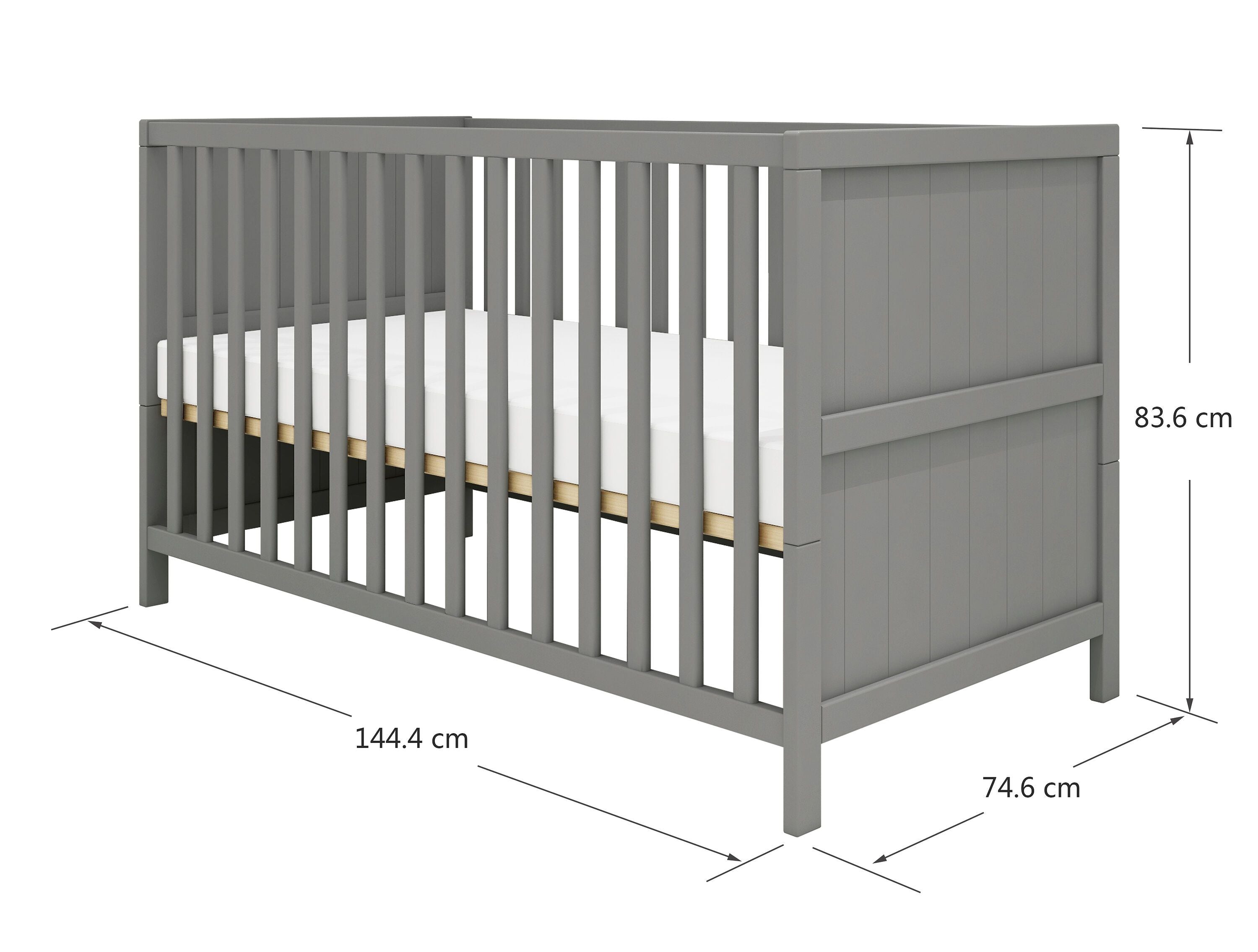LUNA Babybett Grau 140x70cm gerillt - Grau / B: 74.6 cm x T: 144.4 cm x H: 83.6 cm