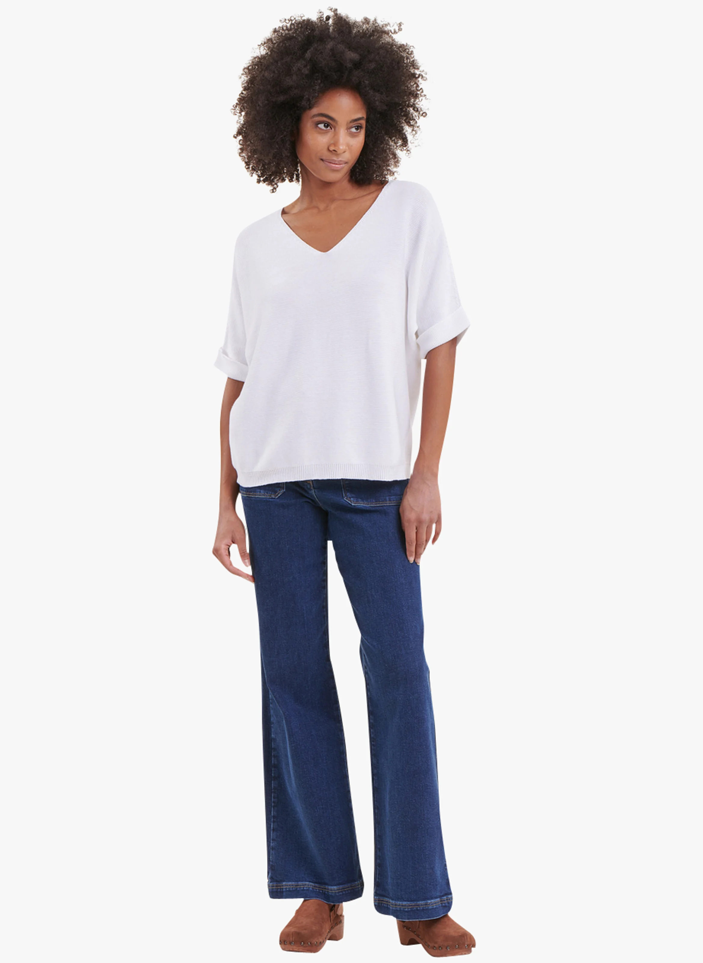Top ample col V en maille | Blanc