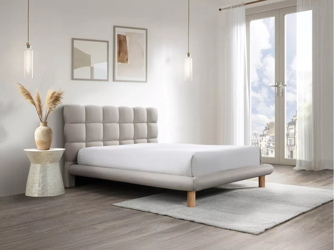 Lit avec tête de lit matelassée 140 x 190 cm - Tissu - Beige - FUDALI