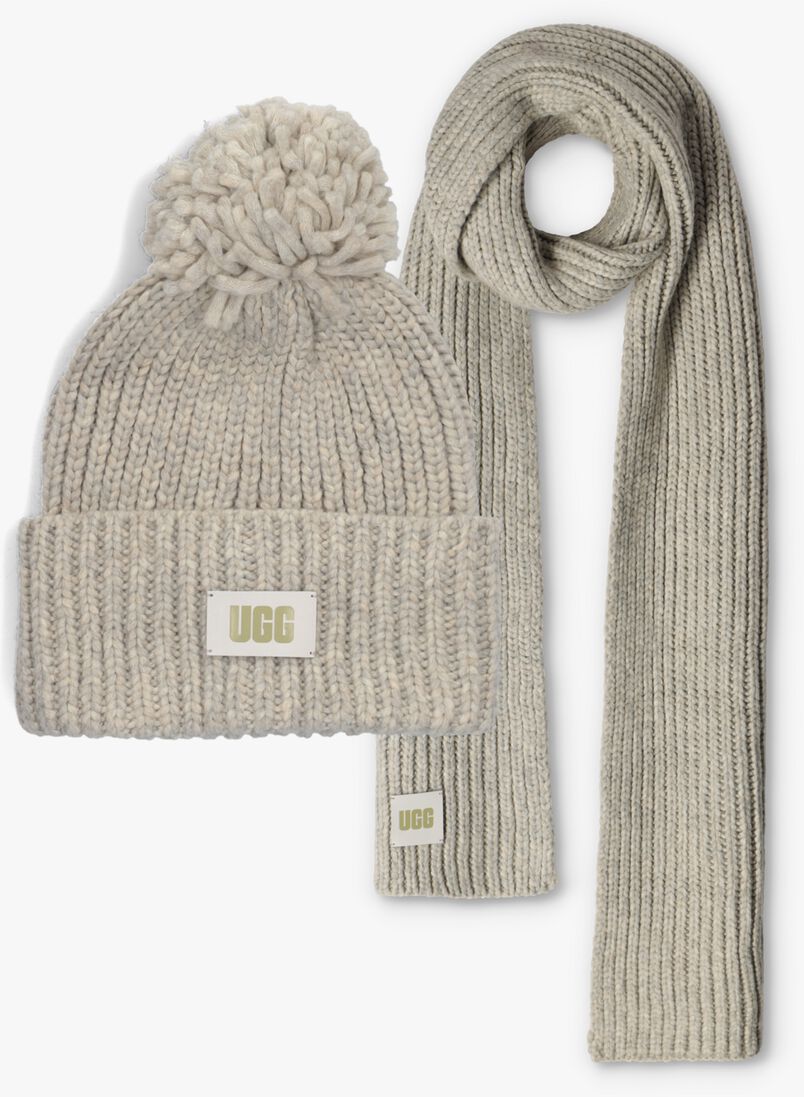 UGG lichtgrijze ugg muts chunky rib beanie knit pom set