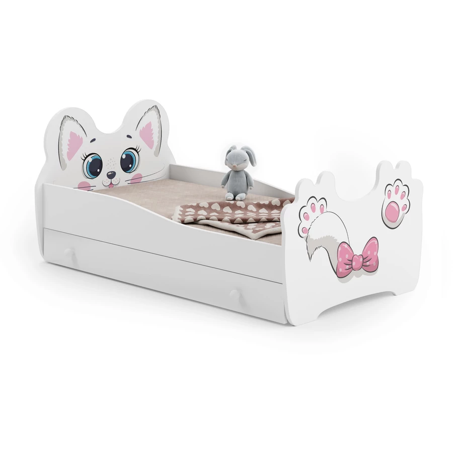 Kids Collective Kinderbett Jugendbett 70x140 cm mit Matratze, Schublade und Lattenrost,  MDF-Holz weiß - Katzenmotiv
